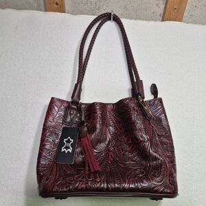 MC HANDBAG RED TOOLED EMBOSSED LEATHER DOUBLE HANDLE SHOULDER BAG